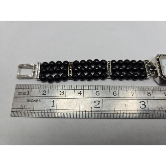 Vintage Lucoral Diamond Quartz Watch Black Onyx Beads Marcasite MOP New Battery main image 8